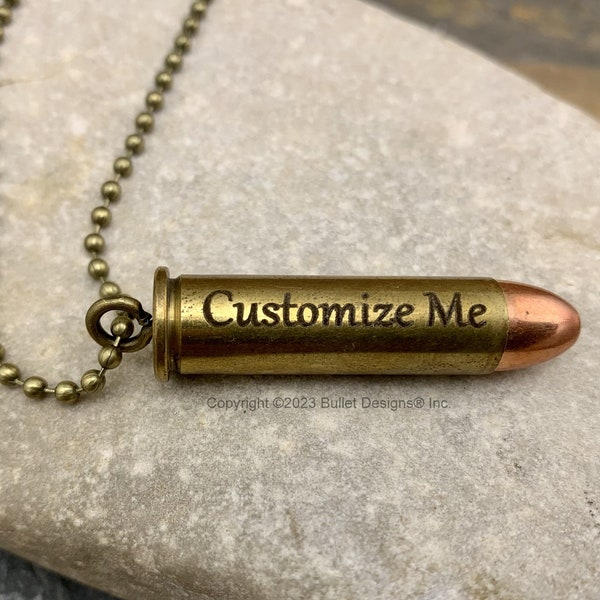 Custom Engraved Bullet Necklace, Dark Engraving, Antique Brass, 357 Mag or 38 Special, Personalized, Pistol, Bronze, Free Shipping USA