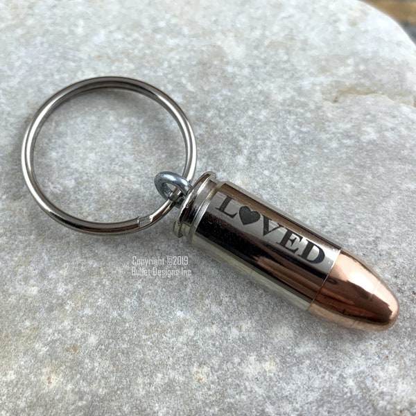 LOVED Bullet Keychain, Heart Keyring, Valentine's, DARK Engraved, 9mm, 40 Caliber,45 Auto, Recycled Bullet, Pistol, Glock, Gun