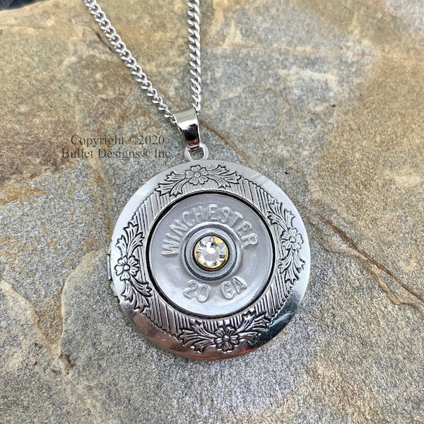 Custom 20 Gauge Shotgun Photo Locket Necklace, Pendant, Charm, Antique Silver Plated, Stainless Chain, Vintage, Keepsake, Memorial Gift