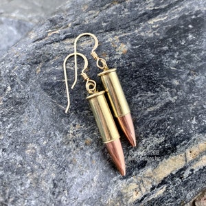 22 Caliber Bullet Dangle Earrings in Brass, Dangle Bullet Earrings, Gold Filled Earwires, Lightweight, Trendy, Recycled
