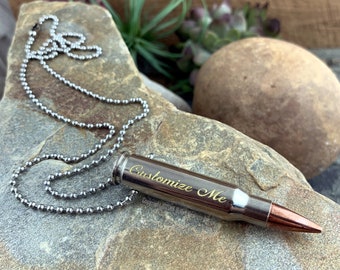 Engraved Nickel Bullet Necklace, Dark or Gold Engraving, 308, 223, Ar-15, Personalized Necklace, Custom, Stainless Drilled Steel Silver Tone