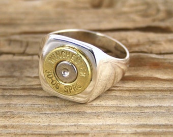 Bullet Ring, Men's Sterling Silver & Brass Bullet Ring, Men's Sterling Ring, Men's Bullet Ring, Sterling Silver Ring 308, AK-47, 30-06, 270
