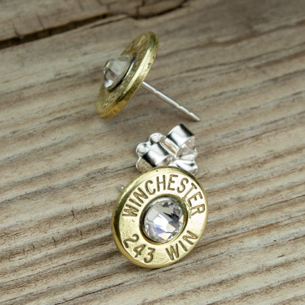 Bullet Earrings, Winchester .243 Brass Bullet Head Studs, Birthstones, Custom