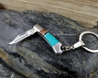 Custom Laser Engraved Turquoise Rough Ryder Knife Keychain, Personalized, Key Chain, Rough Ryder Keyring, Small, 2" Gift for Him, Custom TNR