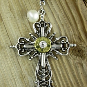 Bullet Necklace / Winchester Antique Silver & Brass Bullet Elegant Cross Pearl Necklace / Pearl Necklace / Cross Necklace