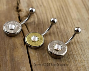 Bullet Belly Ring- Colt 45, 308, 30-06, 270, 243, 6.5 Creedmoor, 45 Auto, 7mm-08, 22-250 NON-DANGLE, Surgical Steel, Swarovski Crystal