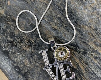 Custom 9mm Luger Love Letters Bullet Necklace, Real Recycled Bullet, Nickel or Brass, Swarovski Crystal