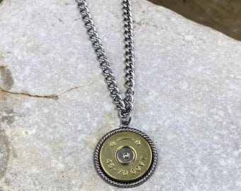 45-70 Government Antique Silver Bullet Necklace, Real Bullet, Nickel or Brass(Shown), Stainless Steel Chain, Custom, Ammo