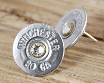 Bullet Earrings, Winchester Nickel 20 or 12 Gauge Shotgun Shell Stud Earring Studs, Surgical Steel Posts and Backs, Swarovski Crystal Custom