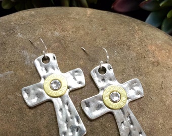 Bullet Earrings, 45 Auto Silver Hammered Cross, Sterling Silver Earwires, Swarovski Crystals, Recycled, Trendy