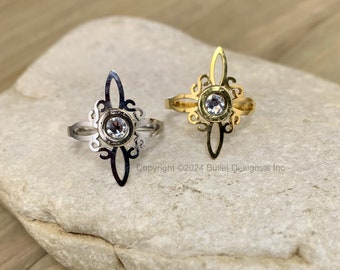 Starburst Stainless Steel Bullet Ring, 25 Auto in Nickel or Brass, Adjustable, Silver or Gold Tone Base,  Art Nouveau, Swarovski Crystal