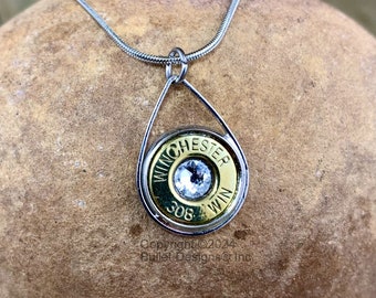 Custom Teardrop Bullet Necklace in your choice of Nickel or Brass(shown) bullet, 308(Shown), other calibers available, Swarovski Crystal