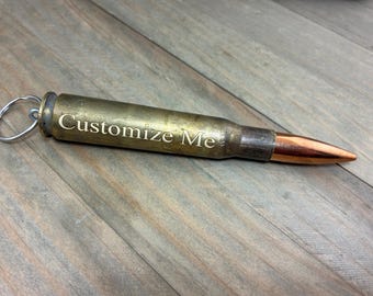 Bullet Keyring, DARK Engraved 50 Caliber Antique Brass Keychain , Custom, Personalized, 50BMG, Military Very Large, Engraving Optional