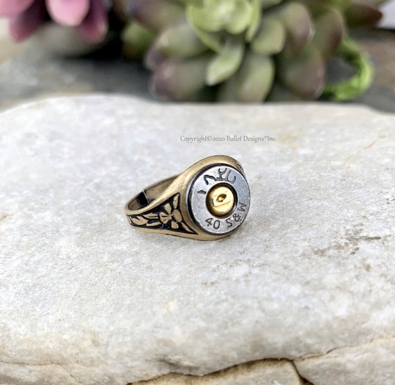 40 Caliber Adjustable Black Bullet Ring Antique Brass Ring Base