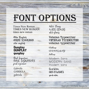 May include: A list of different font options for text, including Times New Roman, Olde English, Gunplay, Paul Signature, Gabriola, White Flowers, Veteran Typewriter, Brittany, Modern Sans, and Great Wishes.