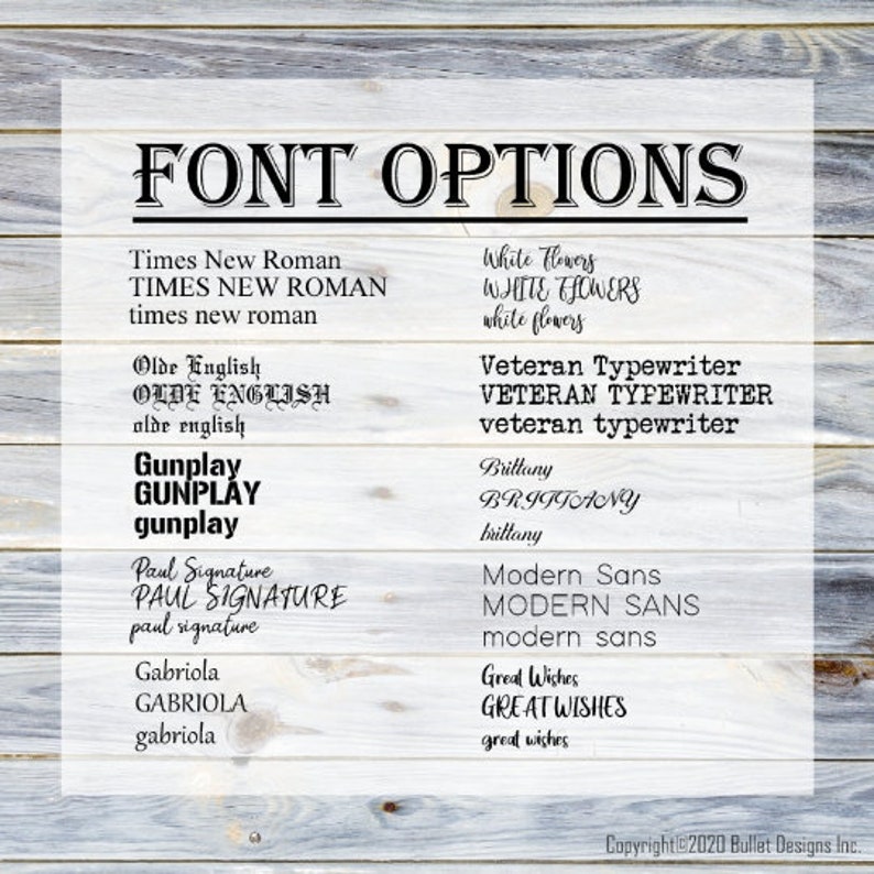 May include: A list of different font options for text, including Times New Roman, Olde English, Gunplay, Paul Signature, Gabriola, White Flowers, Veteran Typewriter, Brittany, Modern Sans, and Great Wishes.