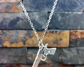 Semi Auto Gun Necklace, Silver Plated, Stainless Steel Chain, Pistol
