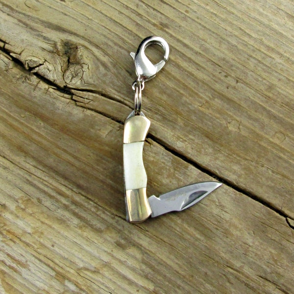 Tiny Knife Charm, Rough Ryder Miniature Knife Charm, Stainless Steel Clasp, Unusual Charm, Pendant, Real Knife Opens