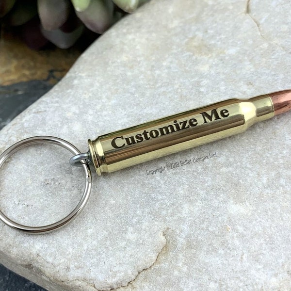 Custom Engraved Brass Bullet Keychain, DARK PERMANENT ENGRAVING, 308, 30-06, 30-30, 270, 243, ak-47, Personalized Keyring, 223, 300 Win Mag