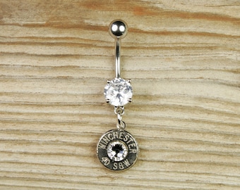 Belly Button Ring, Winchester Bullet Belly Button Ring, Custom Belly Ring, Dangle Belly Button Ring, Crystal Belly Ring, Lightweight, Classy