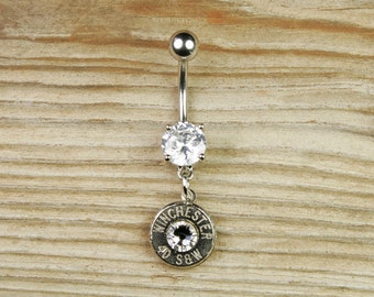 Belly Button Ring, Winchester Bullet Belly Button Ring, Custom Belly Ring, Dangle Belly Button Ring, Crystal Belly Ring, Lightweight, Classy