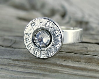 Bullet Ring SALE, 7mm Remington Nickel Bullet Adjustable Ring, Bullet Jewelry, Clearance Wholesale, Custom, Swarovski Crystal, Silver Plated