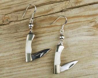 Knife Earrings, Rough Ryder Knife Earrings, Unique Earrings, Sterling Silver Earwires, Stainless Steel Blade, Tiny Knife Earrings, unusual