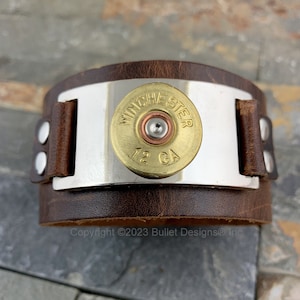 Distressed Leather 12 Gauge Shotgun Bracelet, Brown, Cuff Bracelet, Winchester, Recycled, Bullet Jewelry, Boho, Unisex