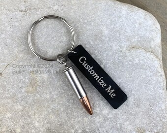Custom Engraved Real Fired 22 Bullet & Black Tag Keychain, nickel, personalized tag, overall length is appr. 2 9/16"