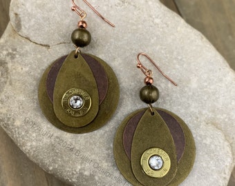 Simple Dangle Duo Mixed Metal Bullet Earrings, Brass & Copper, 308, 45 ACP Brass Bullet, 5.6cm 2.20" x 3.3cm 1.29" Bronze, Swarovski Crystal