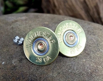 Bullet Stud Earrings, Winchester 28 Gauge Brass Shotgun Shell, Sterling Silver Earrings, Custom