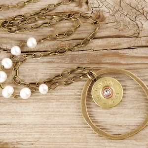 Bullet Necklace / 12 Gauge Shotgun Shell & Pearl Necklace REM-12-DBCN-SPN / Pearl Necklace / Pearl Bullet Necklace / Custom Necklace