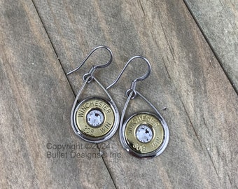 Custom Teardrop Bullet Earrings in your choice of Nickel or Brass(shown) bullet, 308(Shown), other calibers available, Swarovski Crystal