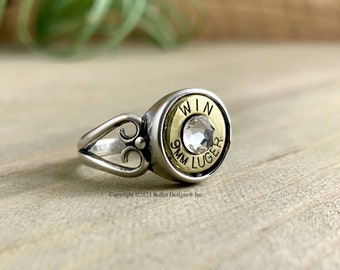 Custom 9mm Bullet Ring, Winchester 9mm Heart Sterling Silver Bullet Ring, Real Bullet, Swarovski Crystal, Gift