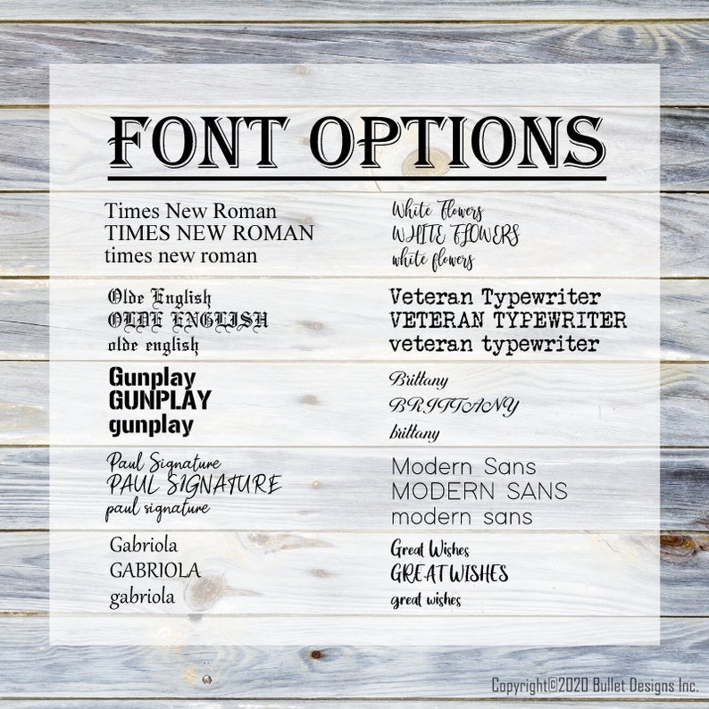 Peut inclure: Un fond en bois avec une liste d'options de polices en texte noir. Les options de polices incluent Times New Roman, Olde English, Gunplay, Paul Signature, Gabriola, White Flowers, Veteran Typewriter, Brittany, Modern Sans et Great Wishes.