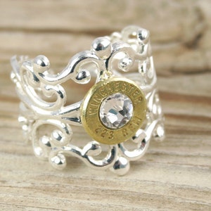 223 Filigree Bullet Ring, Silver, Custom, Birthstone, AR-15, .556, M4, Ammo Ring, Bullet Jewelry