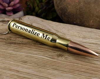 Bullet Keyring, DARK Engraved 50 Caliber Brass Keychain , Custom, Personalized, 50BMG, Military Very Large, Engraving Optional