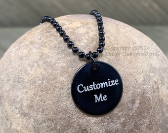 Custom Laser Engraved Black Disc Pendant Necklace, Disc 3/4"/20mm Diameter, Monogram, Stainless Steel Black Chain, Minimalist Jewelry
