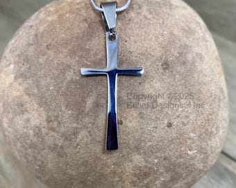 Stainless Steel Cross Necklace, Stainless Steel Chain, Pendant 1 1/4" long x 5/8" wide, Chain length 16"-18" or 18"-20".
