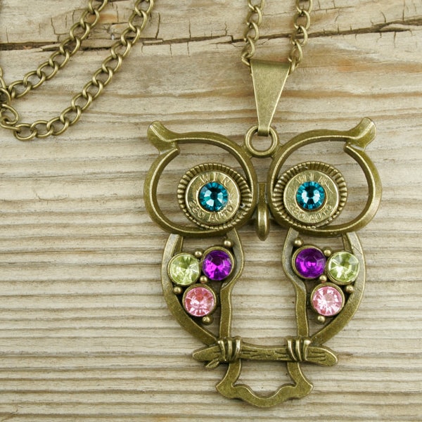 Collar con forma de bala, búho de bronce colorido, latón, personalizado, ligero.