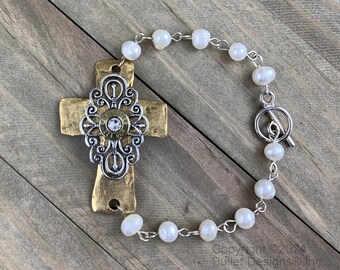 The Preacher's Wife Bullet Bracelet, Winchester Brass 223 AR-15, 9mm, 380, Antique Silver & Gold, Hammered Cross, Freshwater Pearl, Elegant
