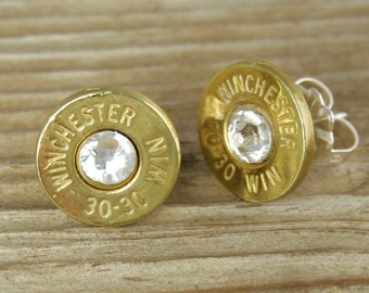 Bullet Stud Earrings / 30-30 Brass Bullet Head Stud Earrings WIN-3030-B-SEAR / Custom Jewelry / Swarovski Crystal / Sterling Earrings