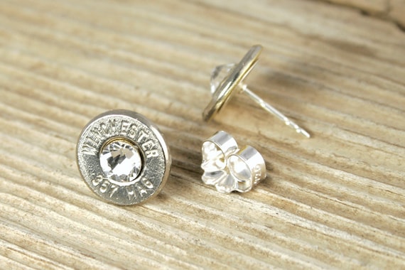 Bullet Earrings 357 Magnum Nickel Bullet Stud Earrings WIN 357M N SEAR Bullet Jewelry Swarovski Crystals Sterling Silver Earrings Etsy