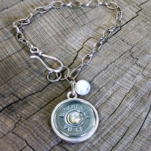 Bullet Bracelet / 20 Gauge Nickel Shotgun Shell & Single Pearl Chain Bracelet WIN-20GA-N-SPB / Pearl Bracelet / Pearl Bullet Bracelet image 1