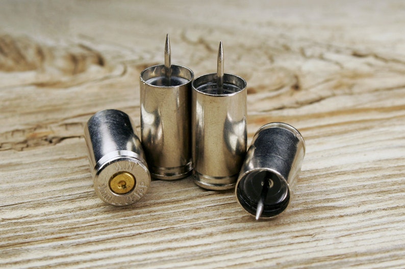 Bullet Push Pins, Winchester 9mm Nickel Bullet Push Pins Set of 4, Push Pins, Silver Push Pins, 9mm Push Pins, Office Supplies image 1