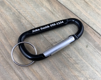 Custom Laser Engraved Black & Silver Carabiner Keychain, Clip Personalized, 2 7/8", Not For Climbing