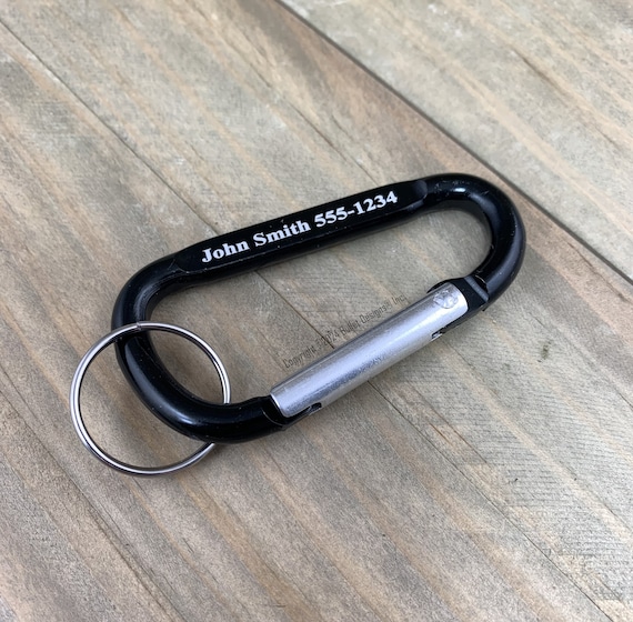 Custom Laser Engraved Black & Silver Carabiner Keychain, Clip Personalized, 2 7/8", Not For Climbing