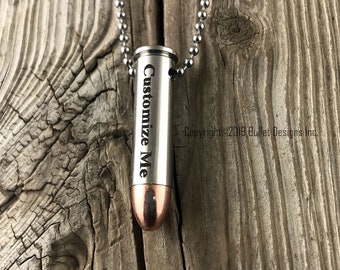 Custom Dark Engraved Nickel Bullet Necklace, Drilled Bullet Necklace, Dark Engraving, 357, 38 Special, Personalized Necklace, Custom