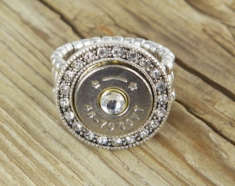 Bullet Ring, Fire & Ice 45-70, Silver Tone, Rhinestone Ring, Rifle, Birthday, Christmas, Anniversary Gift