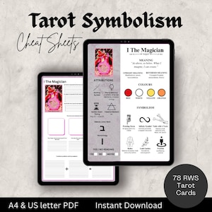 Könnte beinhalten: Zwei digitale Tablets mit "Tarot Symbolism Cheat Sheets". Ein Tablet zeigt Details der Karte "I The Magician" mit Attributen, Farben und Symbolik. Das andere Tablet ist ein Arbeitsblatt. Der Text "78 RWS Tarot Cards" ist enthalten.